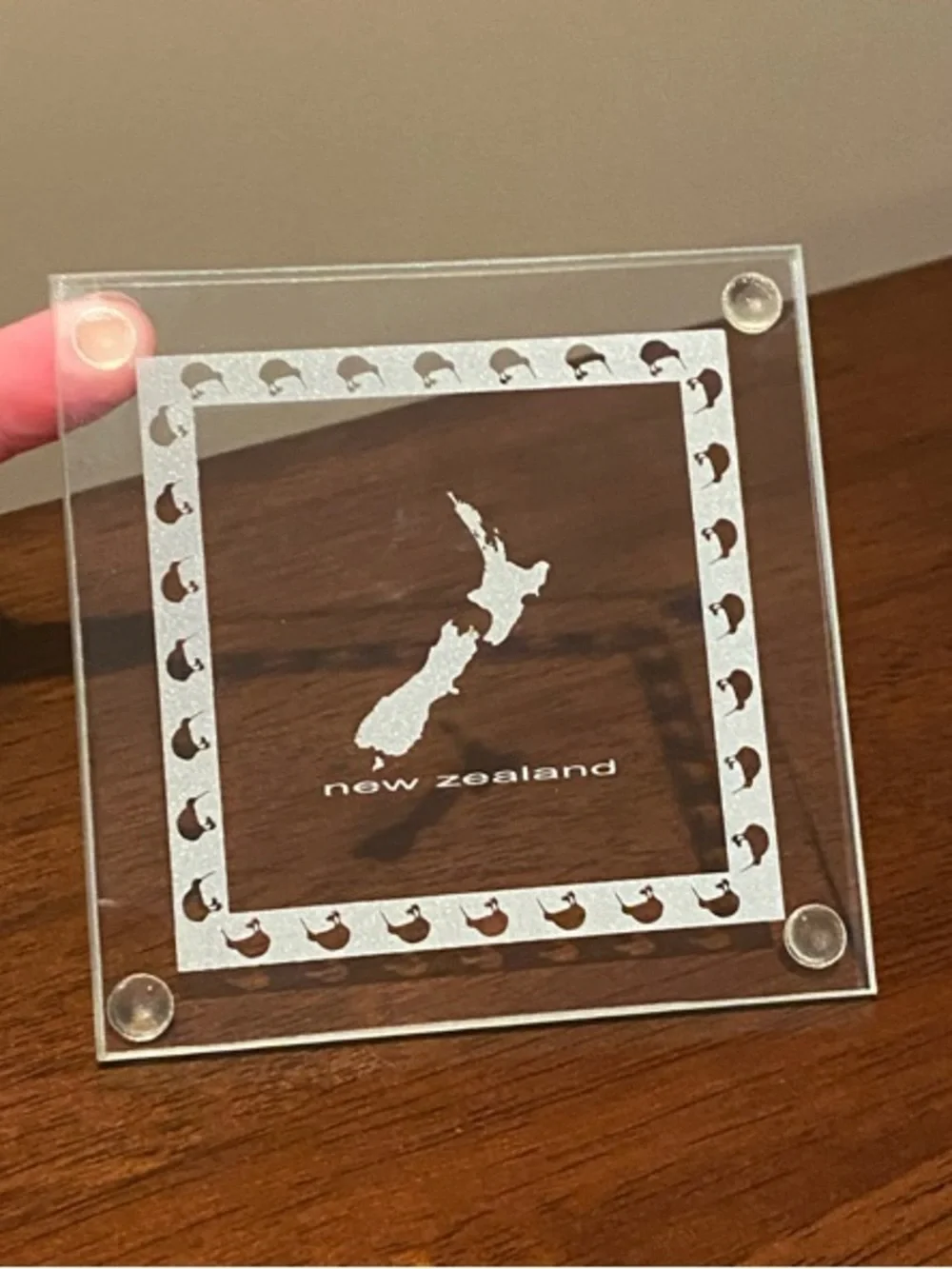 New Zealand Set of 4 Glass Coaster with Kiwi Birds and NZ Island